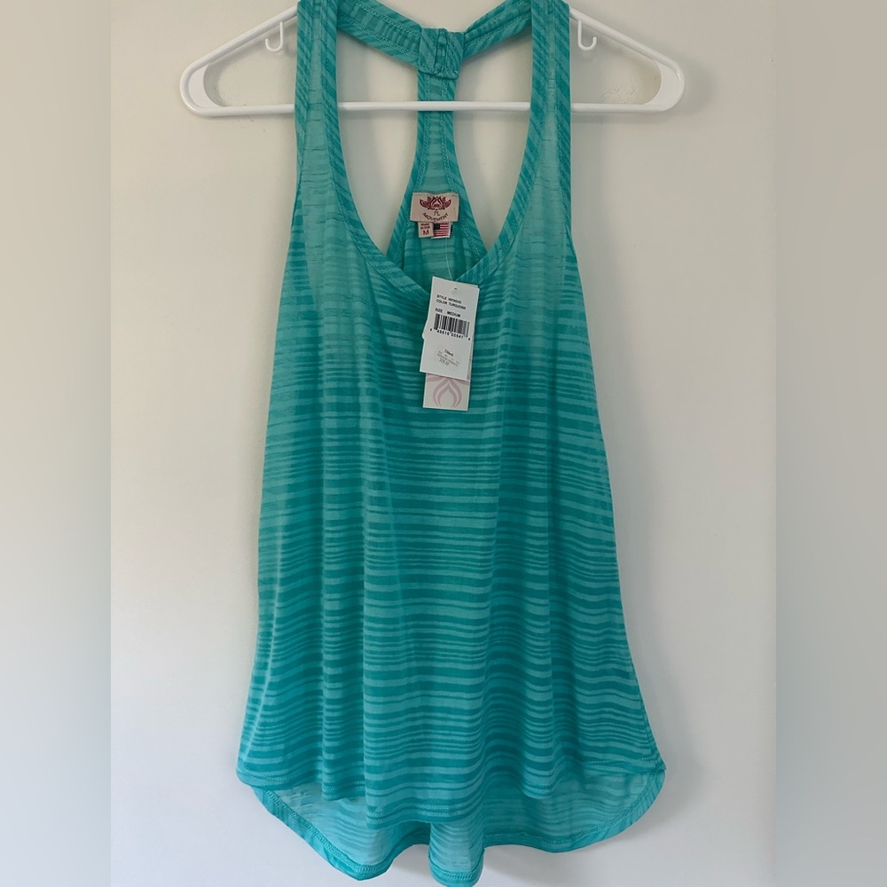 NWT Pink Lotus Movement Aqua Striped Racer Back Tank Top Size M